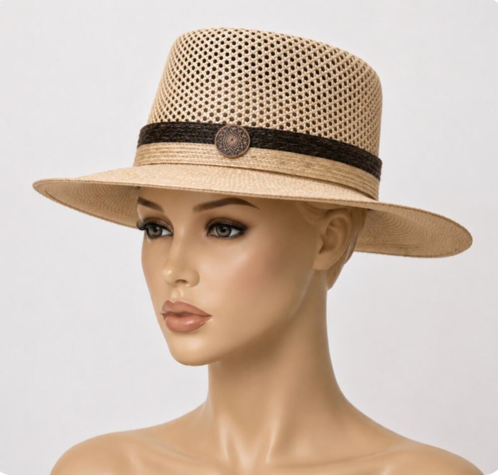 Temple Tan & Brown Basket Weave Rattan Wide Brim Hat Embellished Dark Brown Band